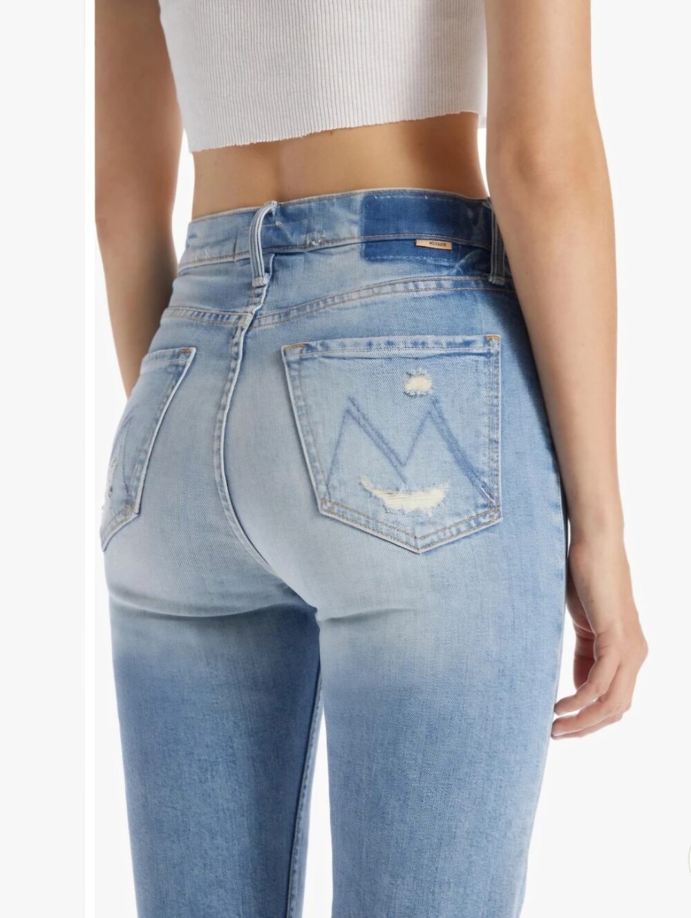 MOTHER Light Blue Distressed High Waisted Rider Skimp Straight-Leg Jeans